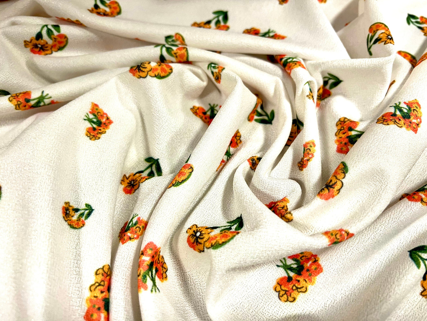Valentino crepe spandex jersey fabric - similar to scuba - per metre - flower print - cream & orange