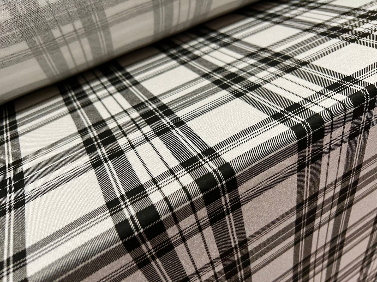 Viscose spandex stretch single jersey fabric, per metre - Plaid check print - ivory & black
