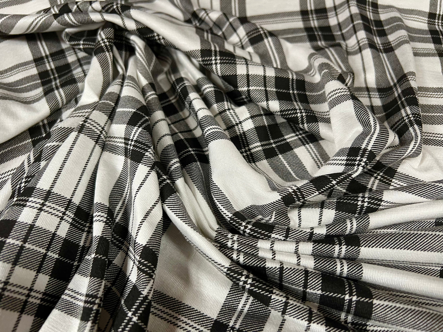 Viscose spandex stretch single jersey fabric, per metre - Plaid check print - ivory & black