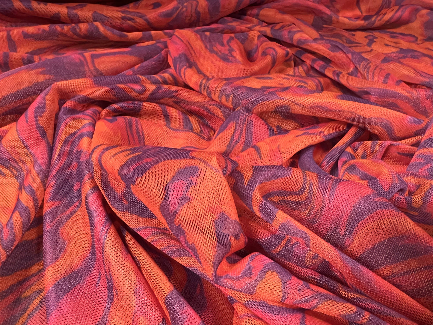 Power mesh net stretch spandex fabric, per metre - retro swirl print - orange & violet