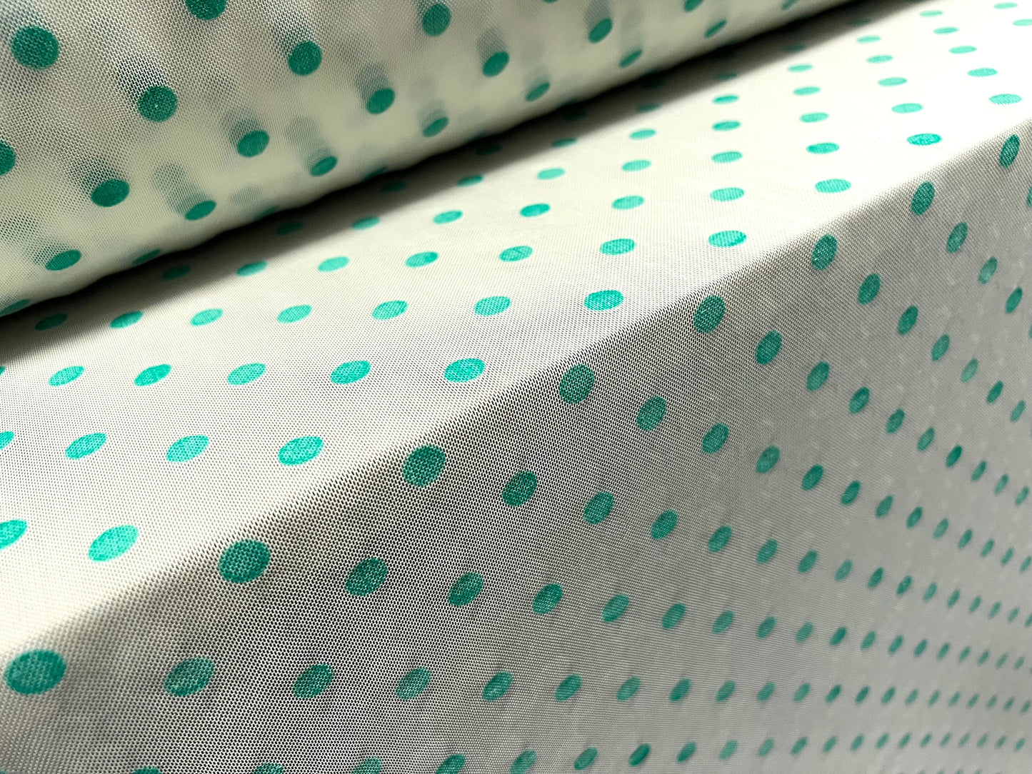 Power mesh net stretch spandex fabric, per metre - polka dot flock print - mint green on white