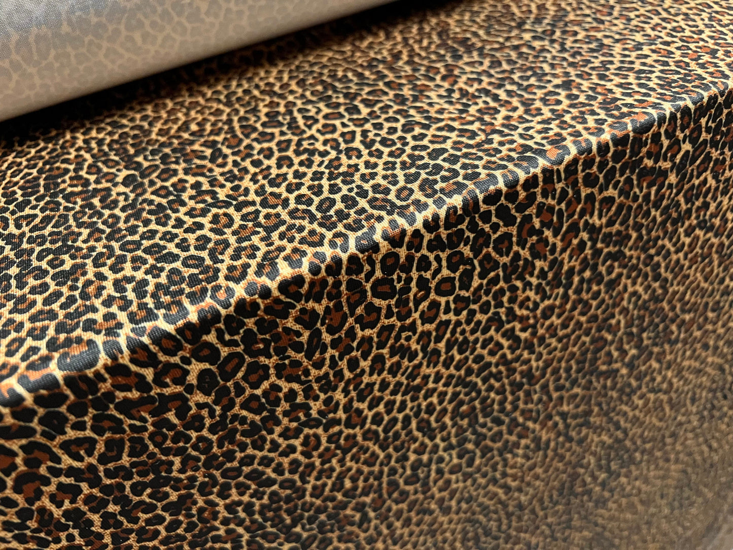 Disco shimmer spandex stretch jersey fabric, per metre - small Leopardskin print - gold & brown