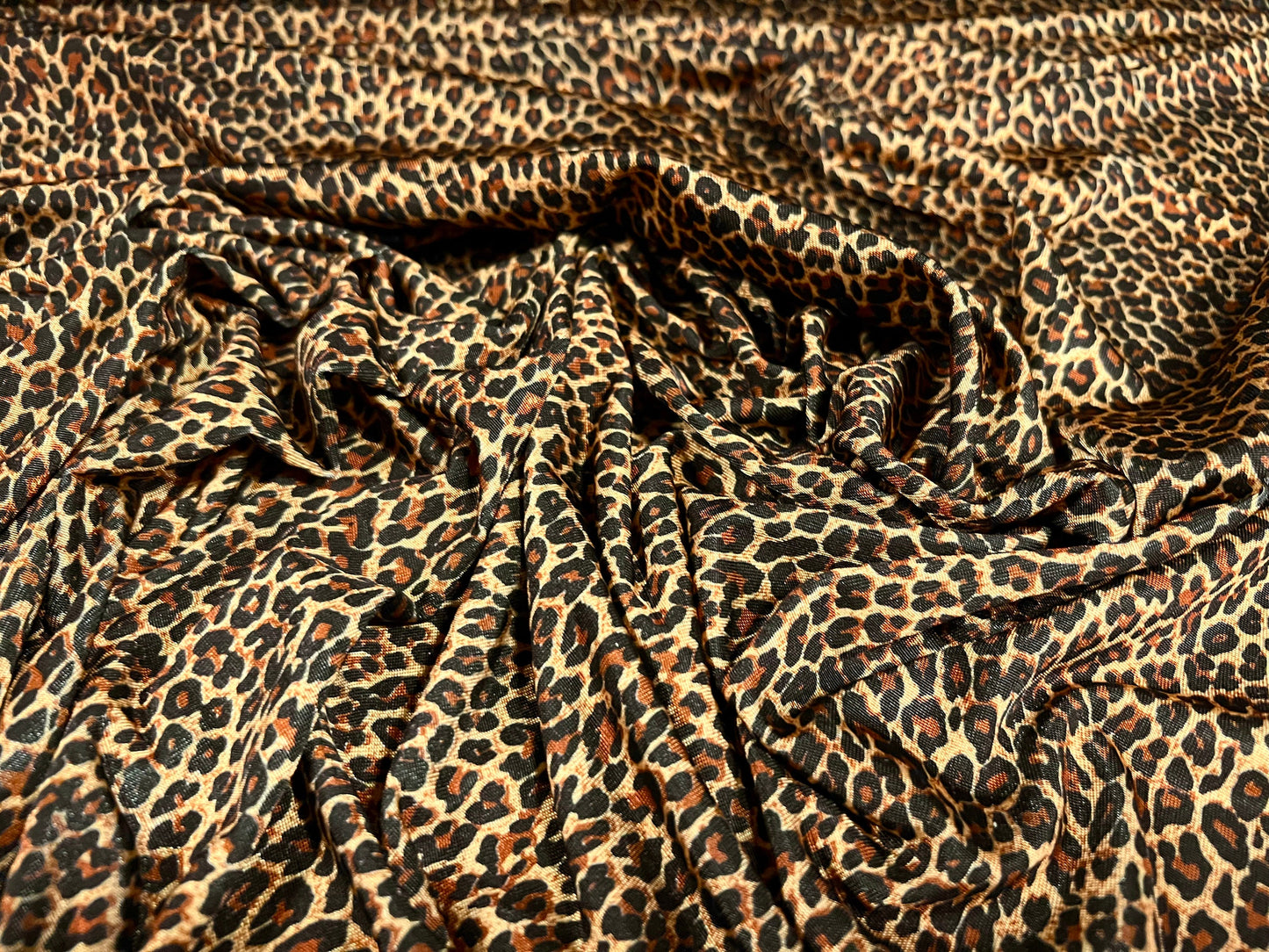 Disco shimmer spandex stretch jersey fabric, per metre - small Leopardskin print - gold & brown