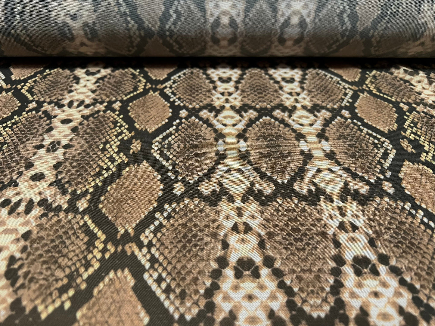 Power mesh net stretch spandex fabric, per metre - Snakeskin print - stone & brown