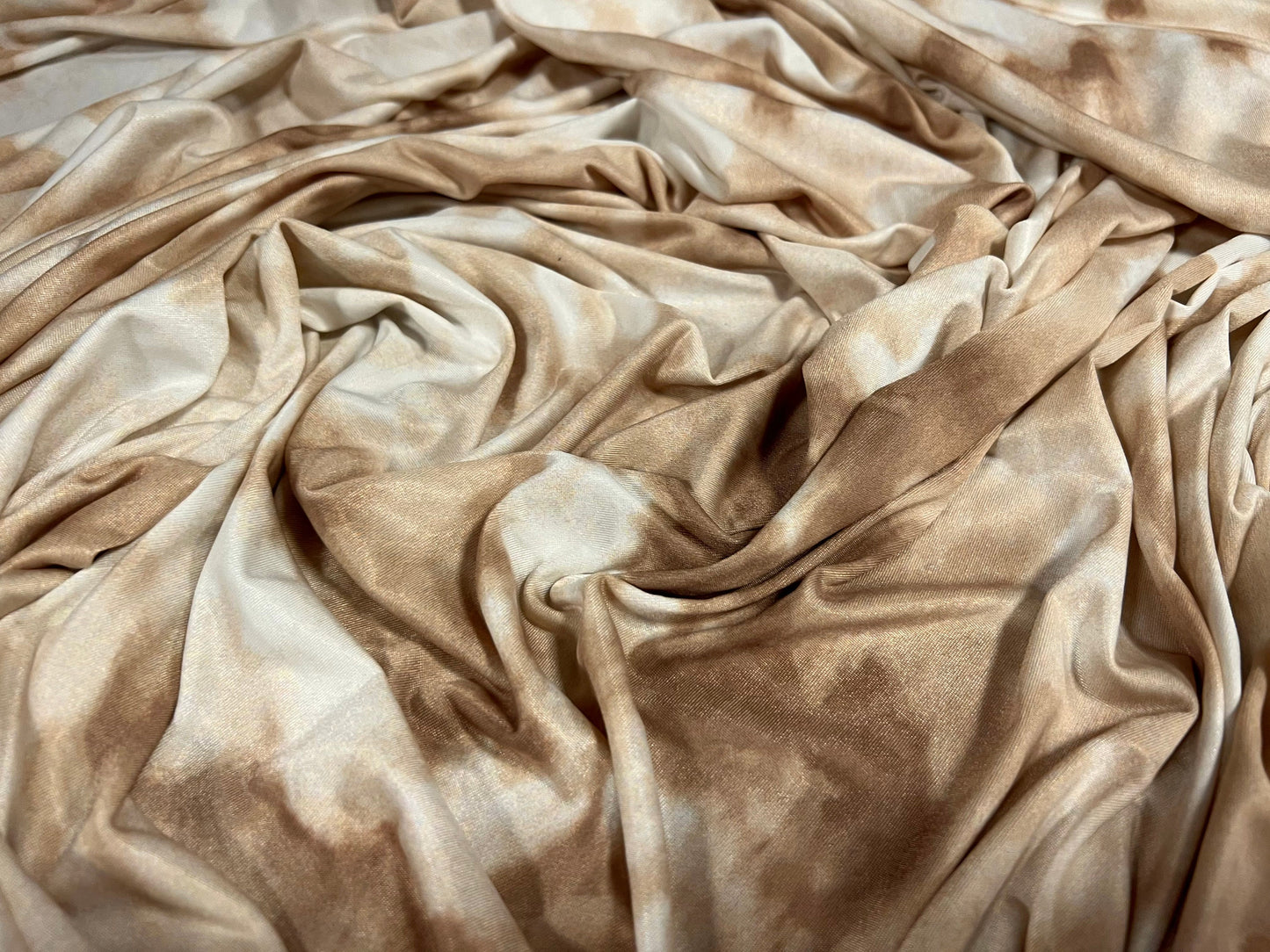 Soft touch stretch spandex jersey fabric, per metre - floral tie dye print - cream & brown