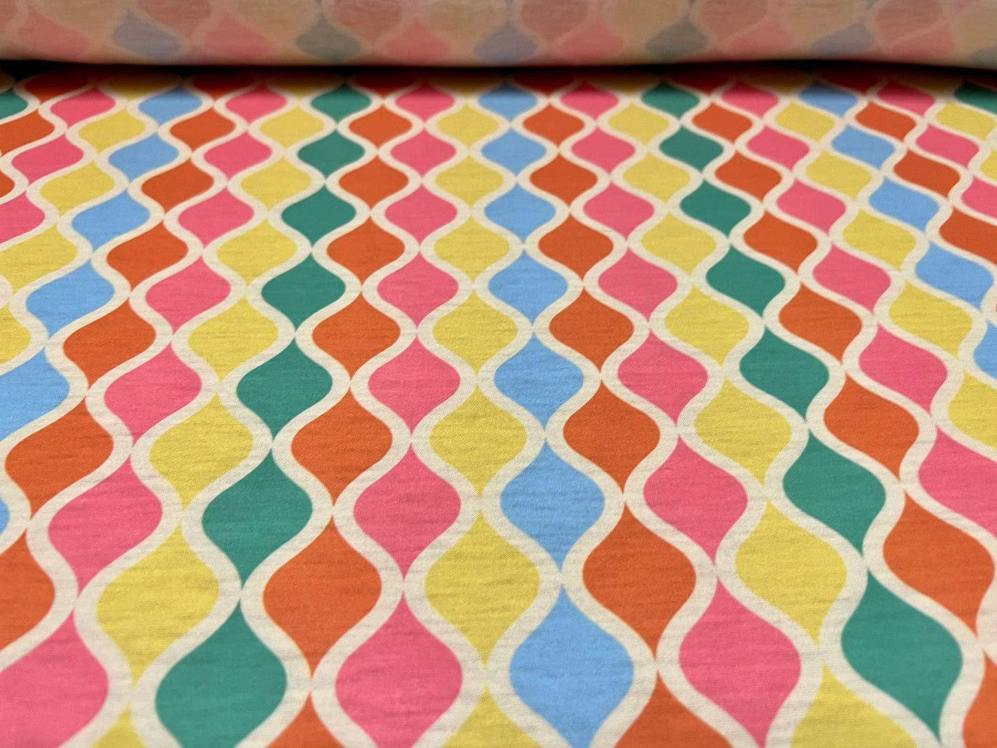 Soft handle single jersey fabric, per metre - Moroccan Ogee print - multicolour