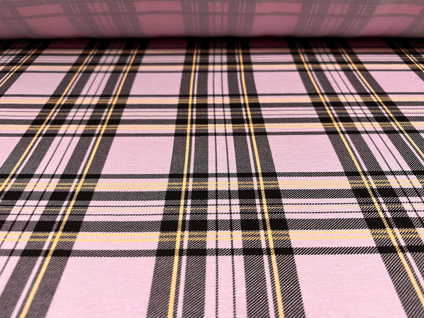 Viscose spandex stretch single jersey fabric, per metre - tartan check print - pink