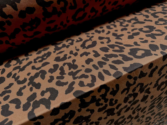 Soft touch stretch spandex single jersey fabric, per metre - cheetah animal print - hazelnut brown