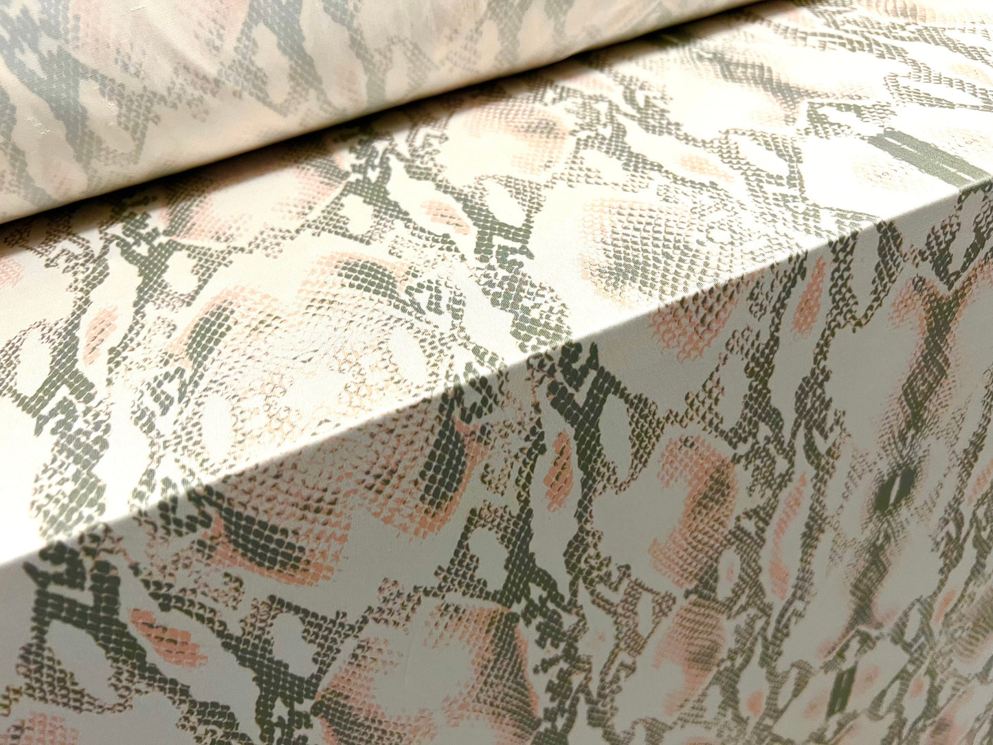 Soft touch stretch spandex jersey fabric, per metre - Snakeskin print - cream pink & khaki