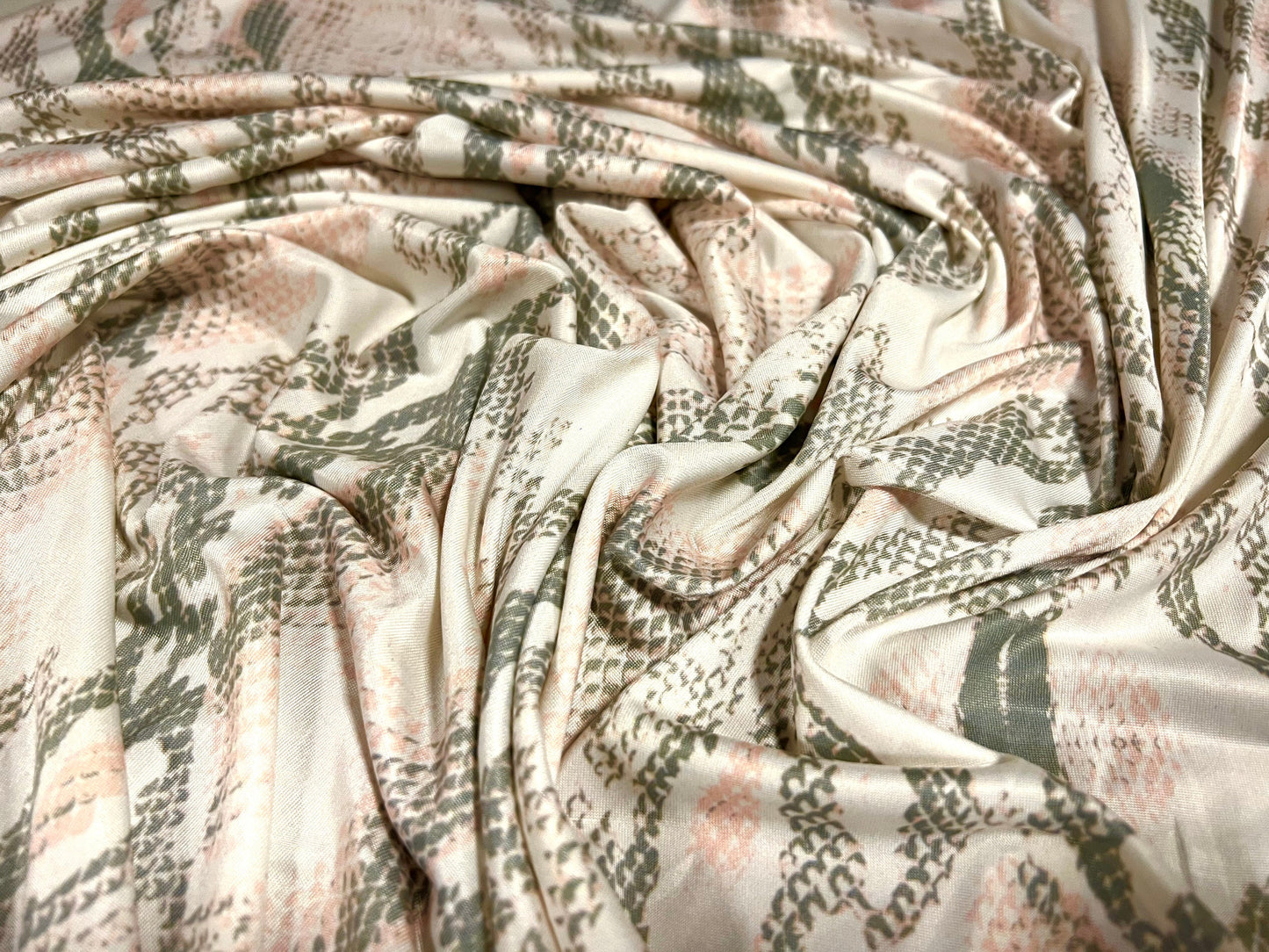 Soft touch stretch spandex jersey fabric, per metre - Snakeskin print - cream pink & khaki