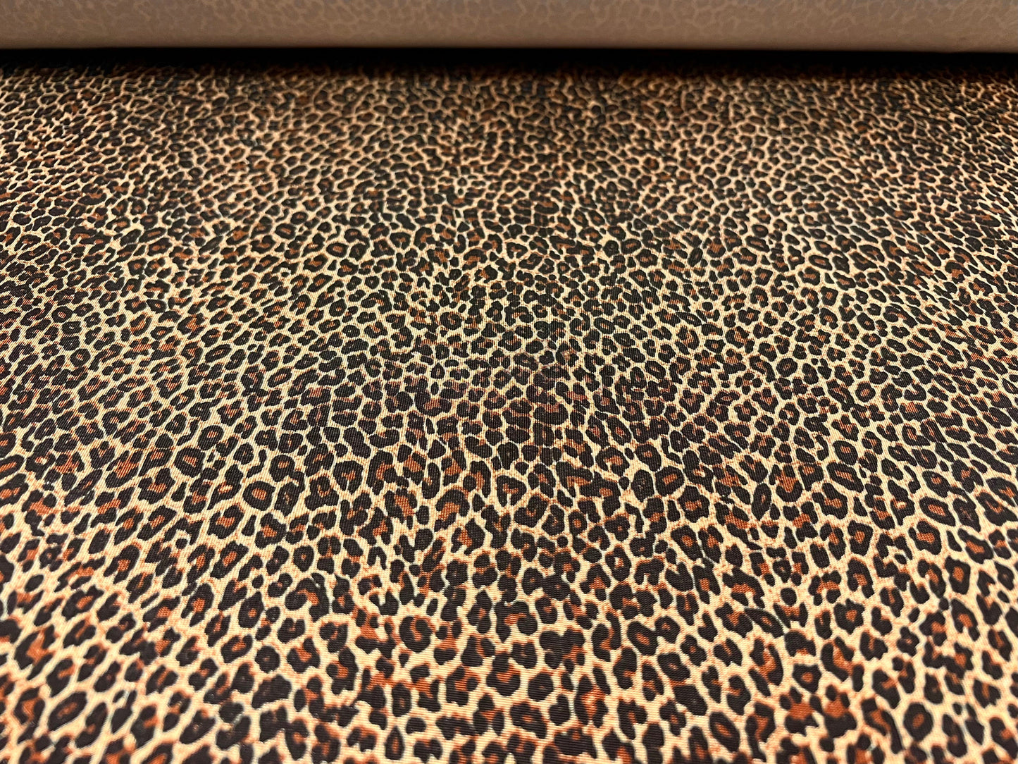 Disco shimmer spandex stretch jersey fabric, per metre - small Leopardskin print - gold & brown