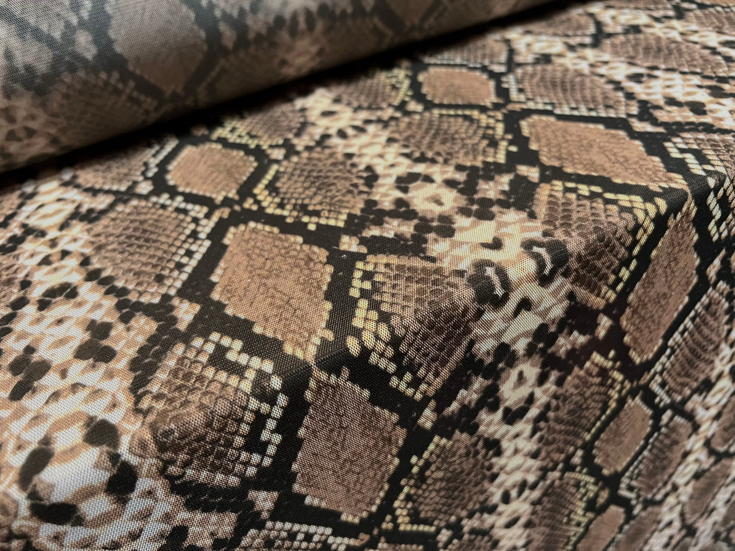 Power mesh net stretch spandex fabric, per metre - Snakeskin print - stone & brown