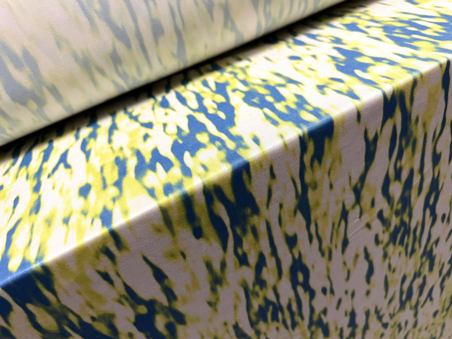 Soft touch stretch spandex jersey fabric, per metre - abstract smudge print - lemon & blue