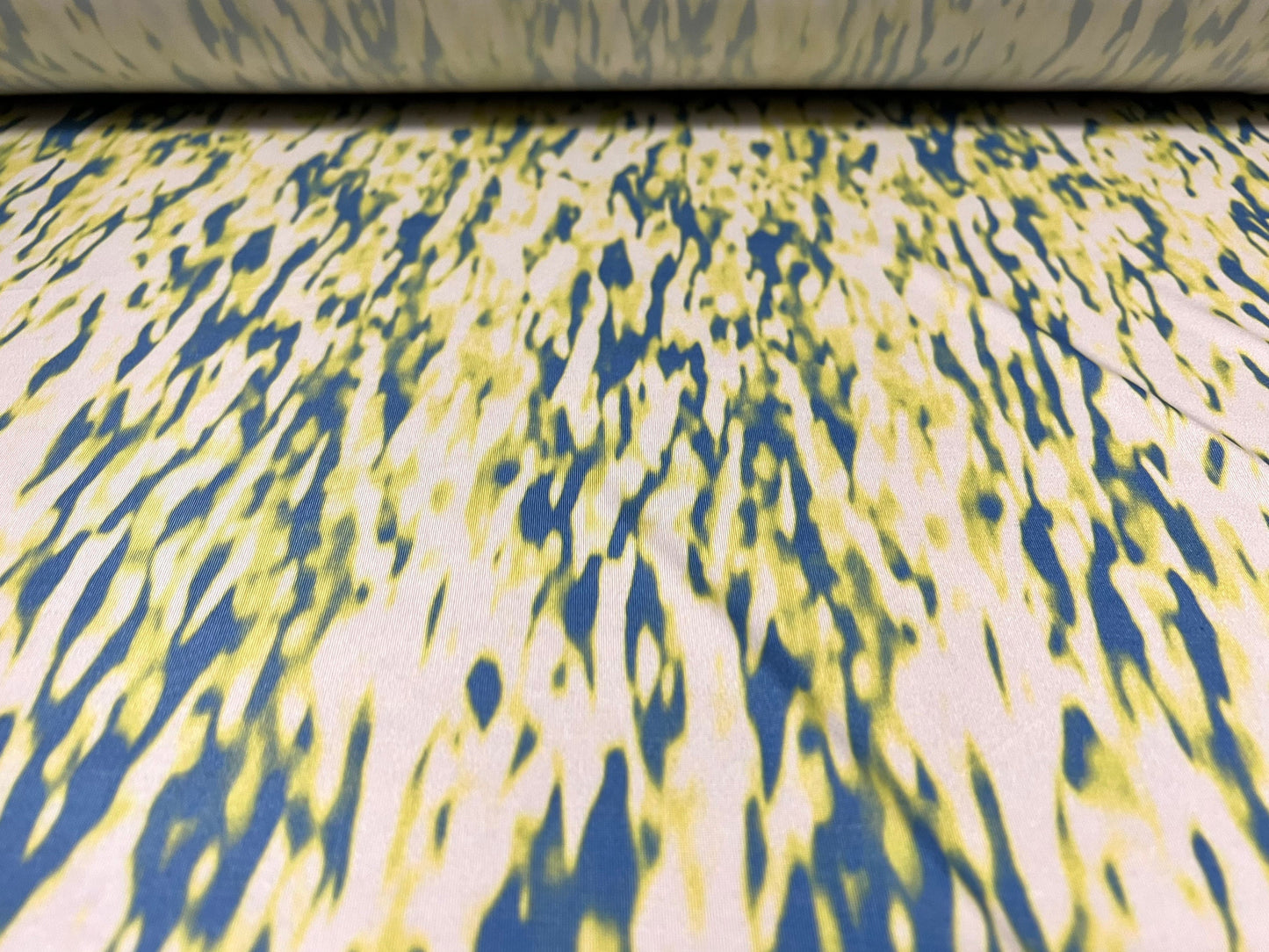 Soft touch stretch spandex jersey fabric, per metre - abstract smudge print - lemon & blue