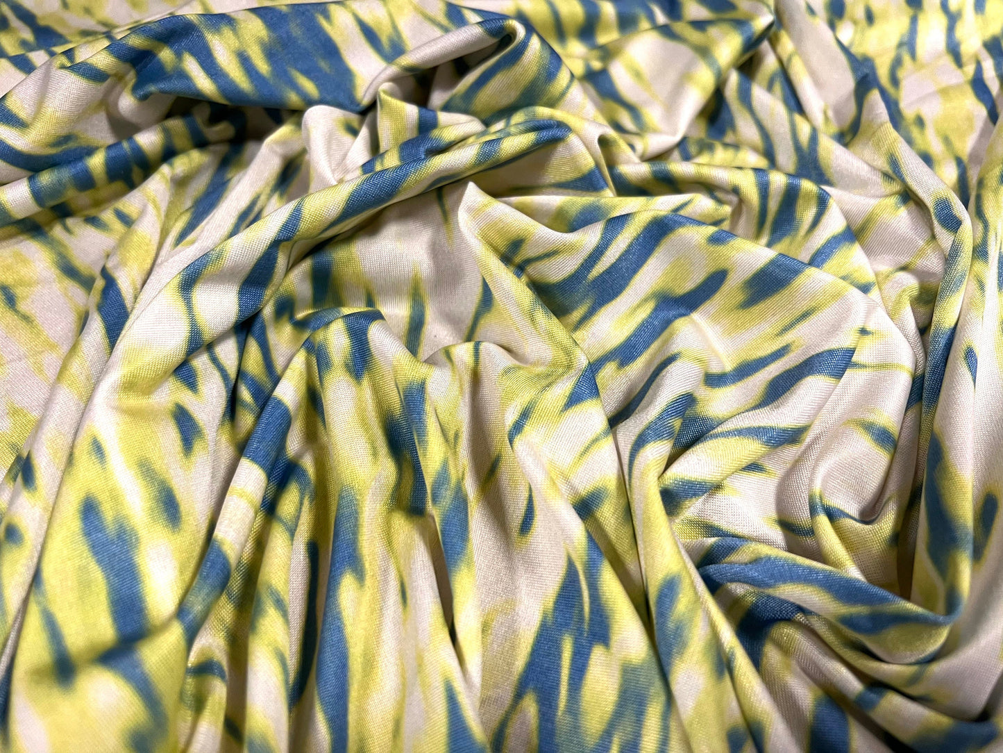 Soft touch stretch spandex jersey fabric, per metre - abstract smudge print - lemon & blue