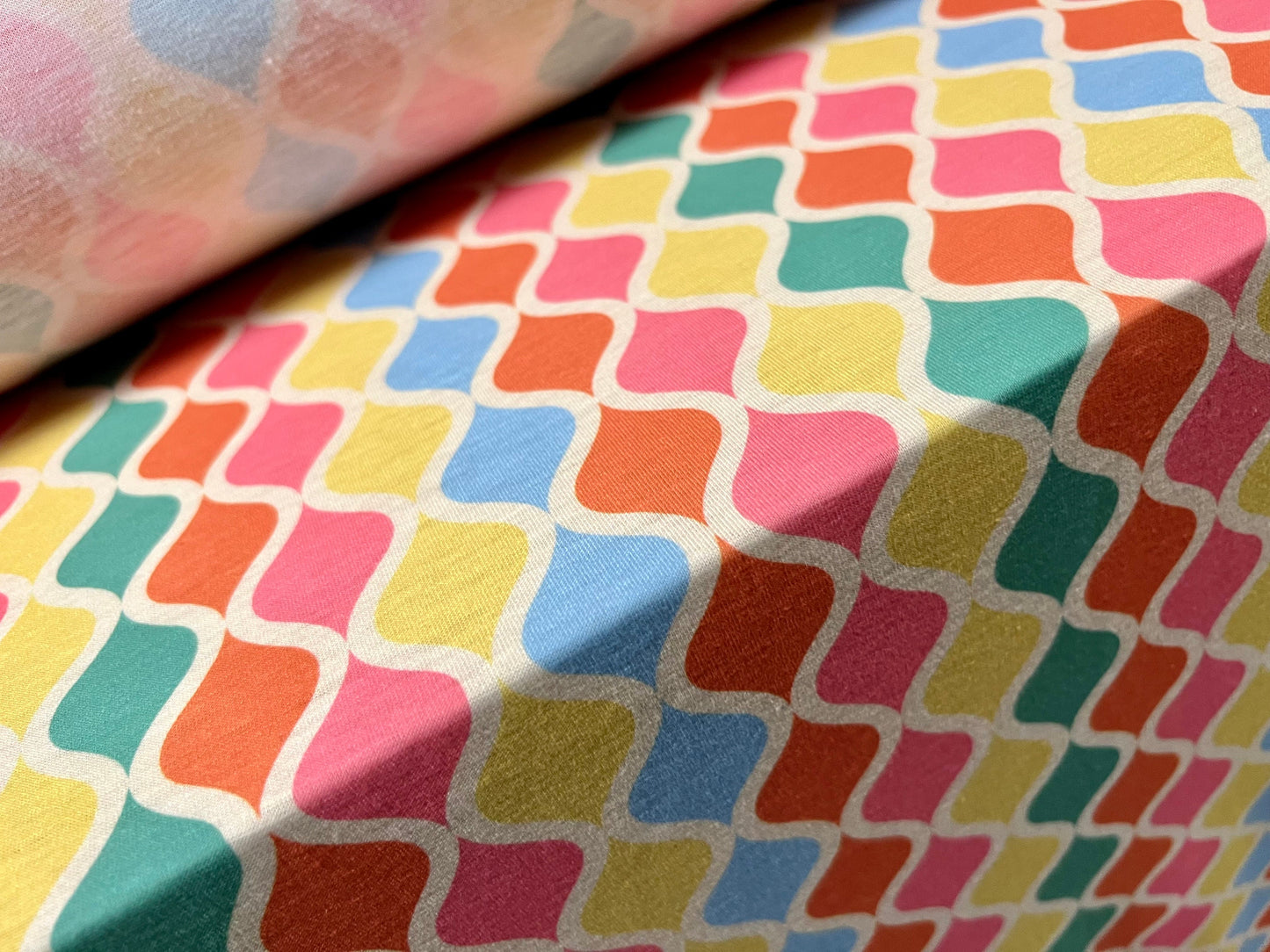 Soft handle single jersey fabric, per metre - Moroccan Ogee print - multicolour