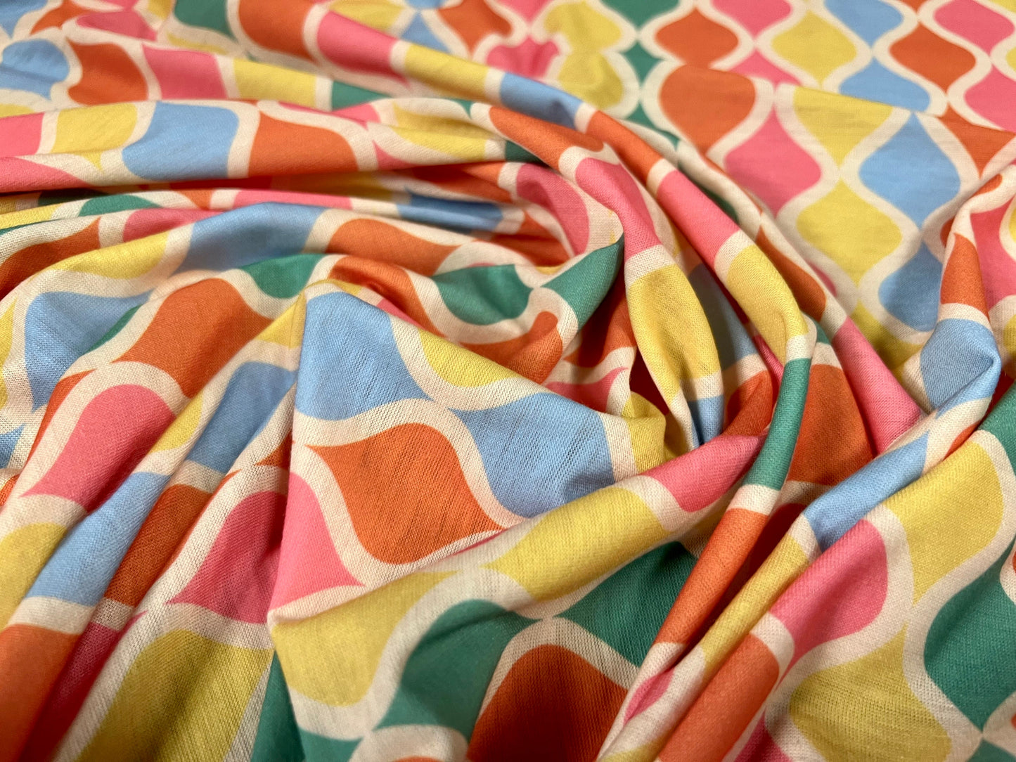 Soft handle single jersey fabric, per metre - Moroccan Ogee print - multicolour