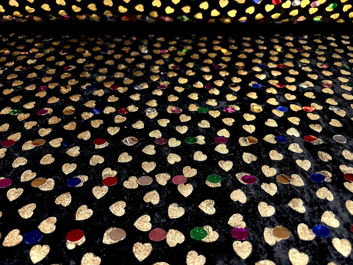 Velour dress fabric, per metre - metallic love hearts design - black & Gold