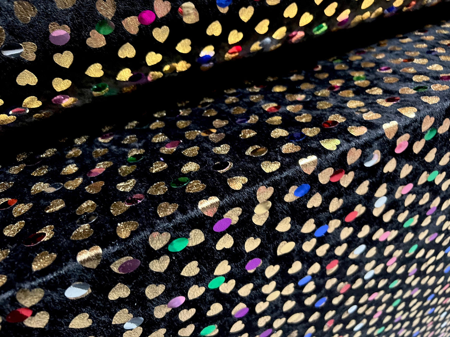 Velour dress fabric, per metre - metallic love hearts design - black & Gold