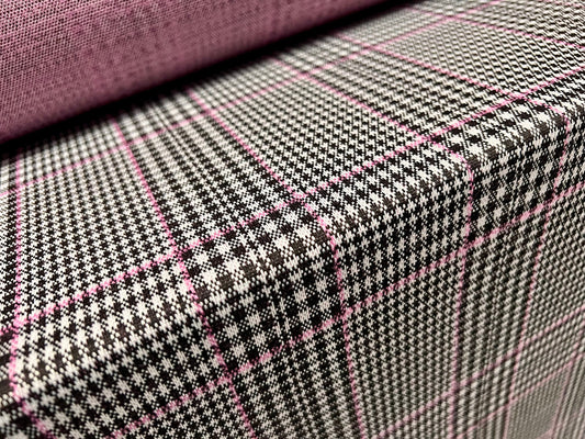 Double jersey knit dress fabric, per metre - Prince of Wales check - grey & pink