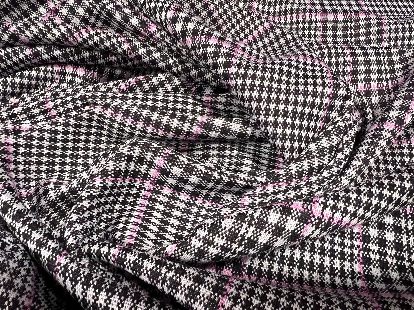 Double jersey knit dress fabric, per metre - Prince of Wales check - grey & pink