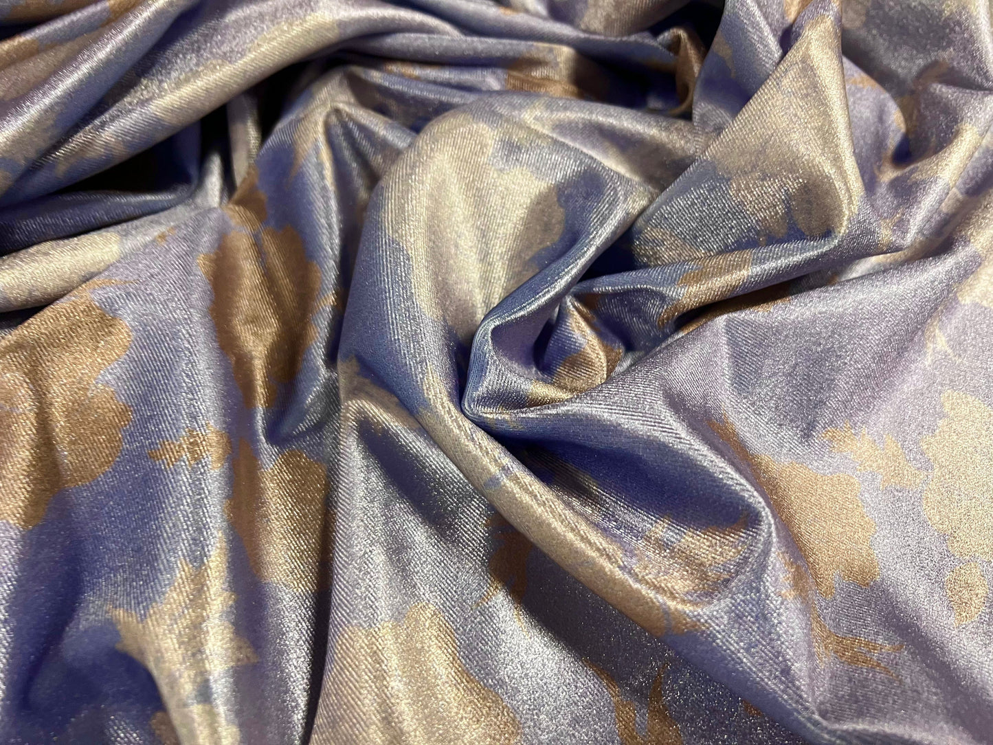 Spandex velvet stretch dress fabric, per mere - flower print - lilac & gold