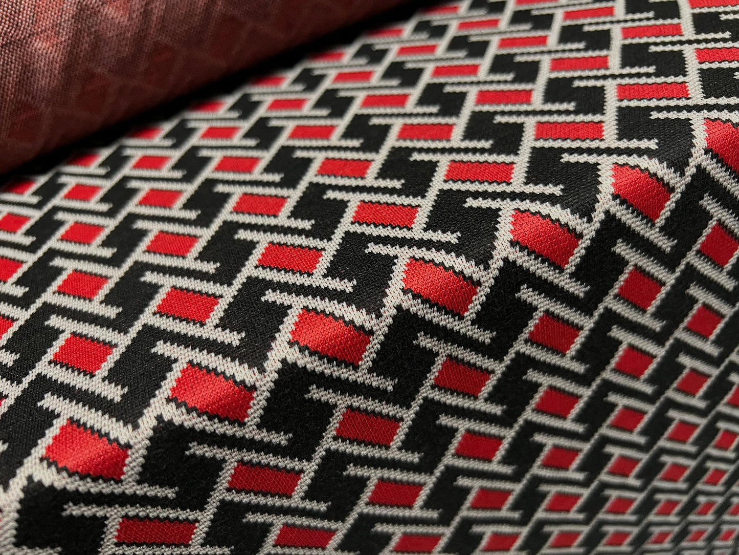 Double jersey stretch spandex fabric, per metre - geometric design - red & black