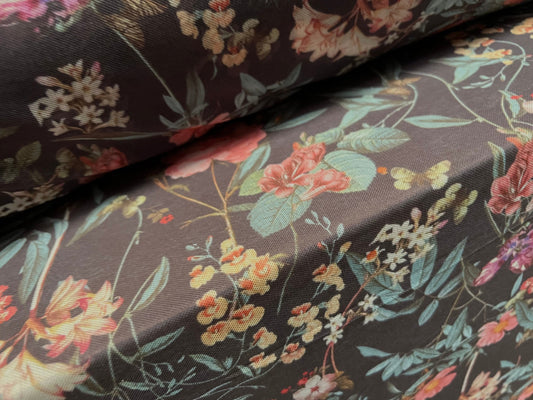 Power mesh net stretch spandex fabric, per metre - flower print - dark grey cream & pink