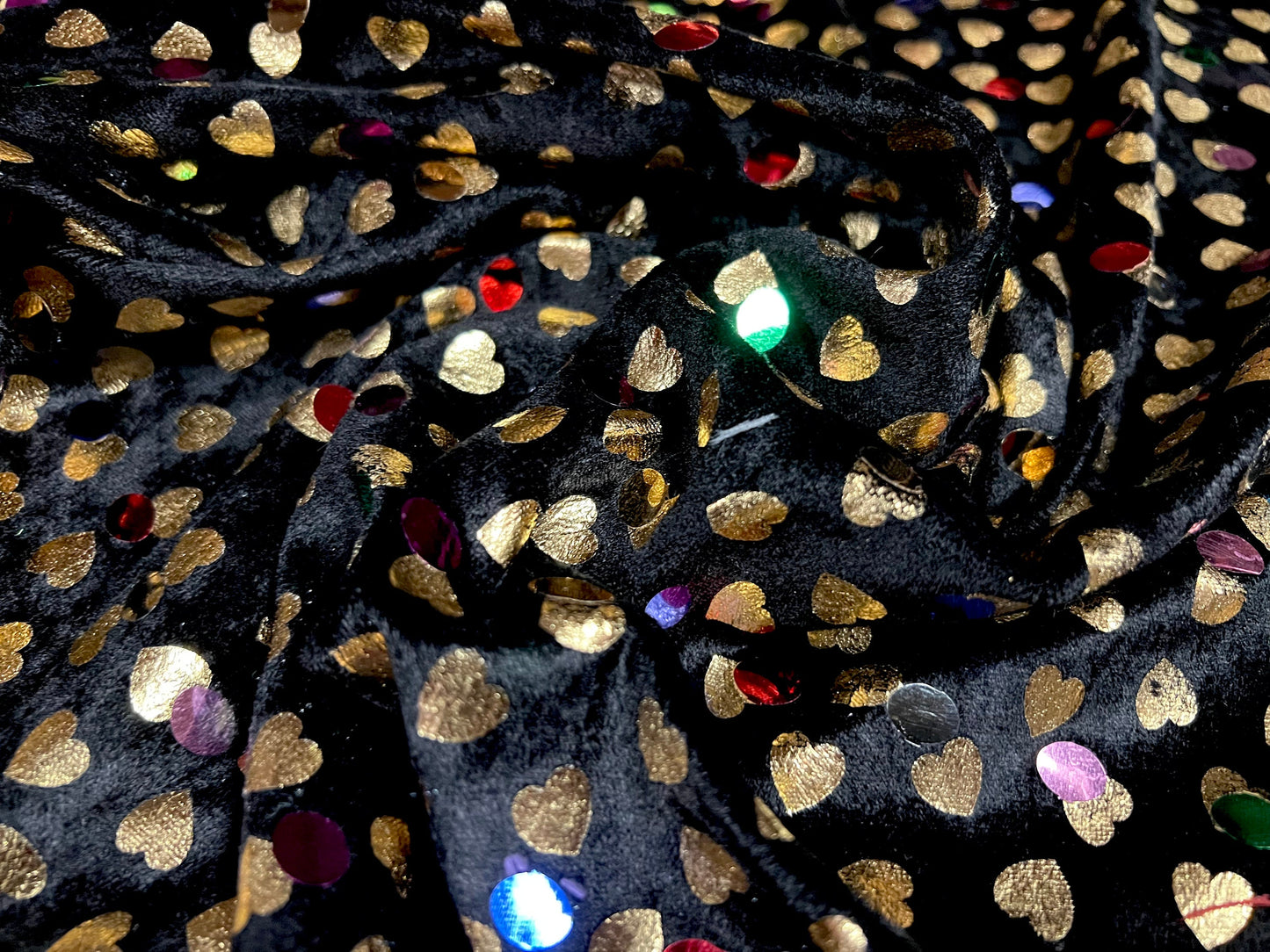 Velour dress fabric, per metre - metallic love hearts design - black & Gold