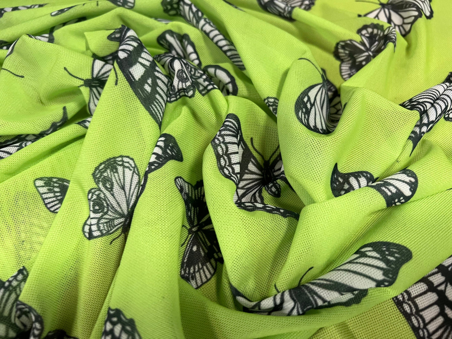 Power mesh net stretch spandex fabric, per metre - butterflies print - green