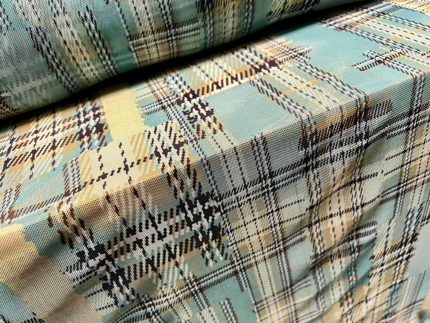 Power mesh net stretch spandex fabric, per metre - distressed check print - turquoise & cream