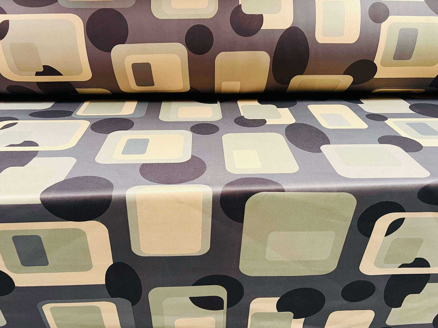 Scuba Stretch neoprene  double jersey fabric, per metre - retro geometric shapes print - cream, grey & sage green