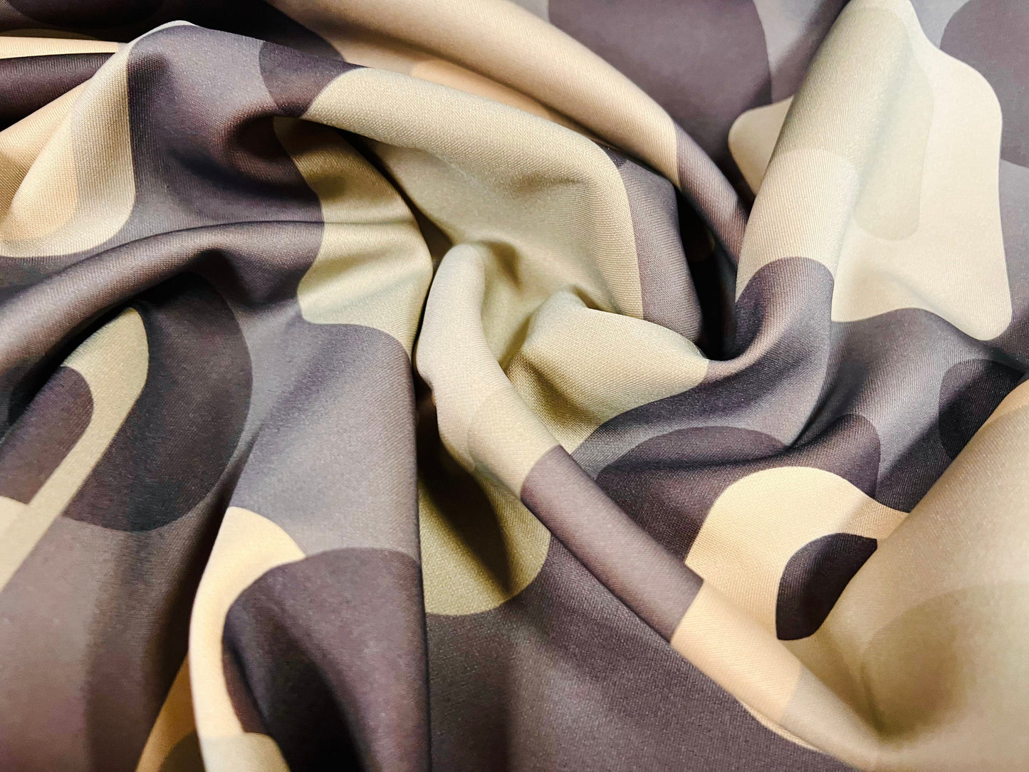 Scuba Stretch neoprene  double jersey fabric, per metre - retro geometric shapes print - cream, grey & sage green