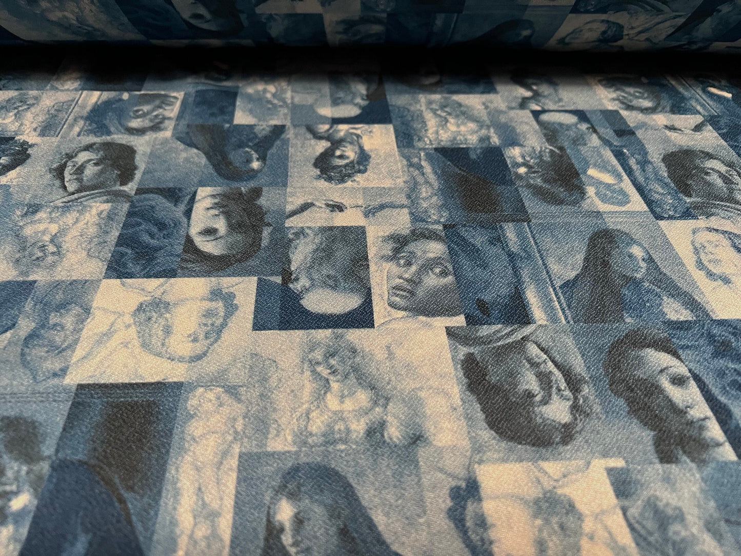 Valentino crepe spandex jersey fabric - similar to scuba - per metre - artist portraits of faces print - blue & stone