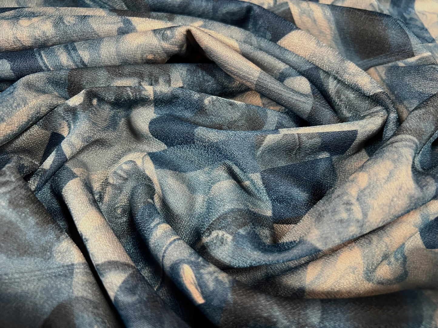 Valentino crepe spandex jersey fabric - similar to scuba - per metre - artist portraits of faces print - blue & stone