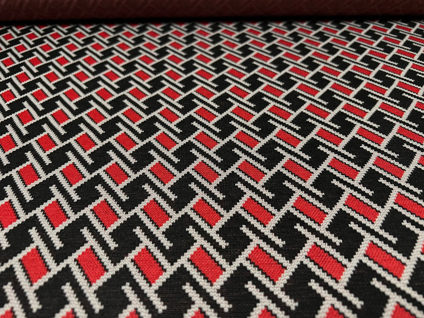 Double jersey stretch spandex fabric, per metre - geometric design - red & black