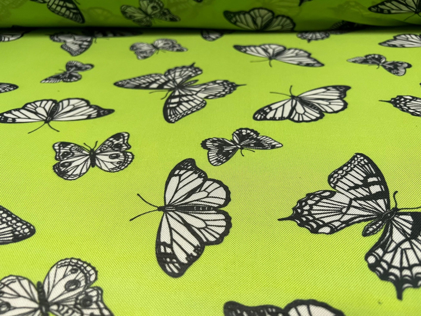 Power mesh net stretch spandex fabric, per metre - butterflies print - green