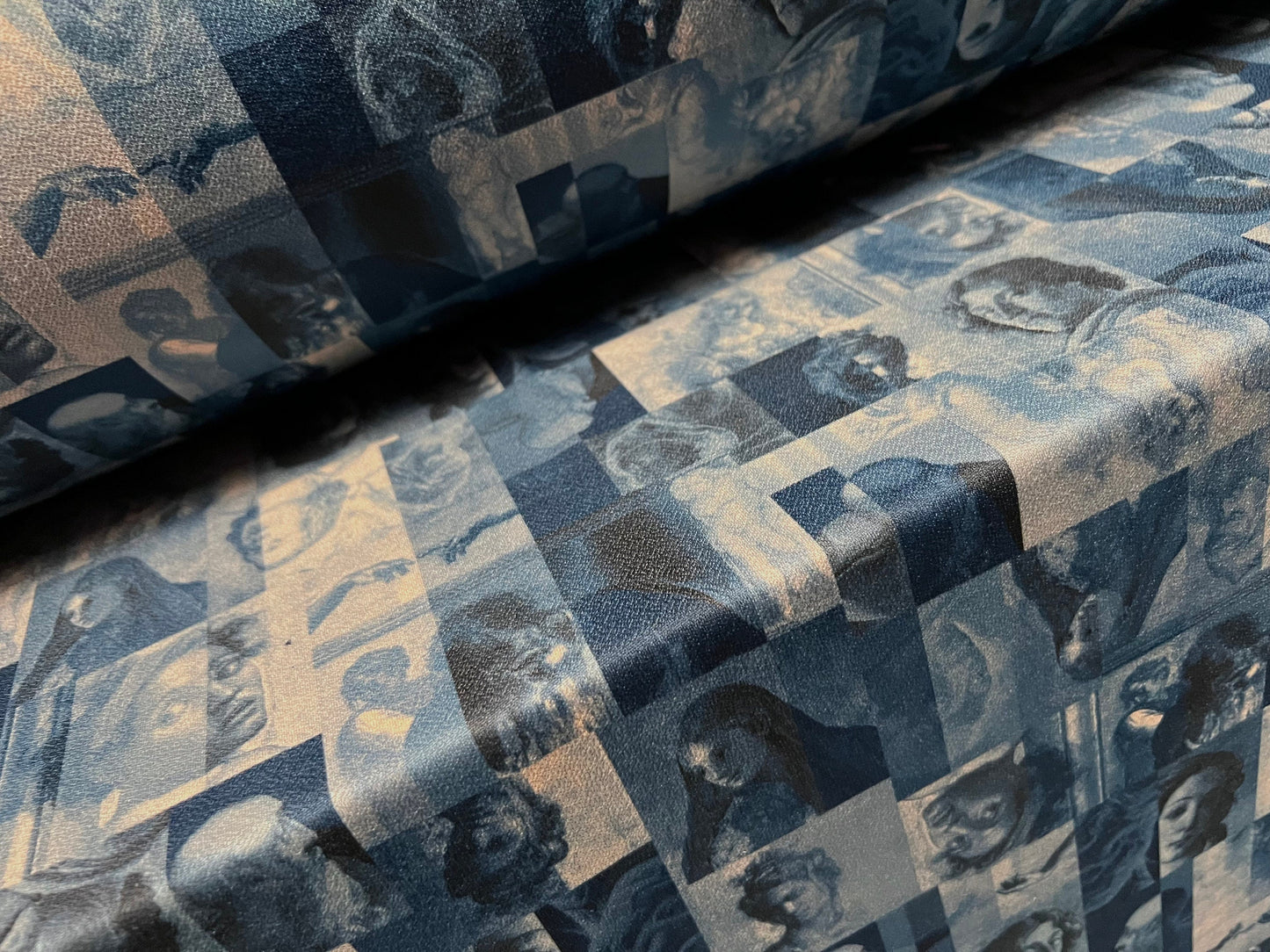 Valentino crepe spandex jersey fabric - similar to scuba - per metre - artist portraits of faces print - blue & stone