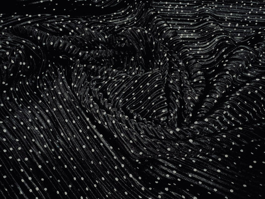 Plissé pleated dress fabric, per metre - spotty print - black & white