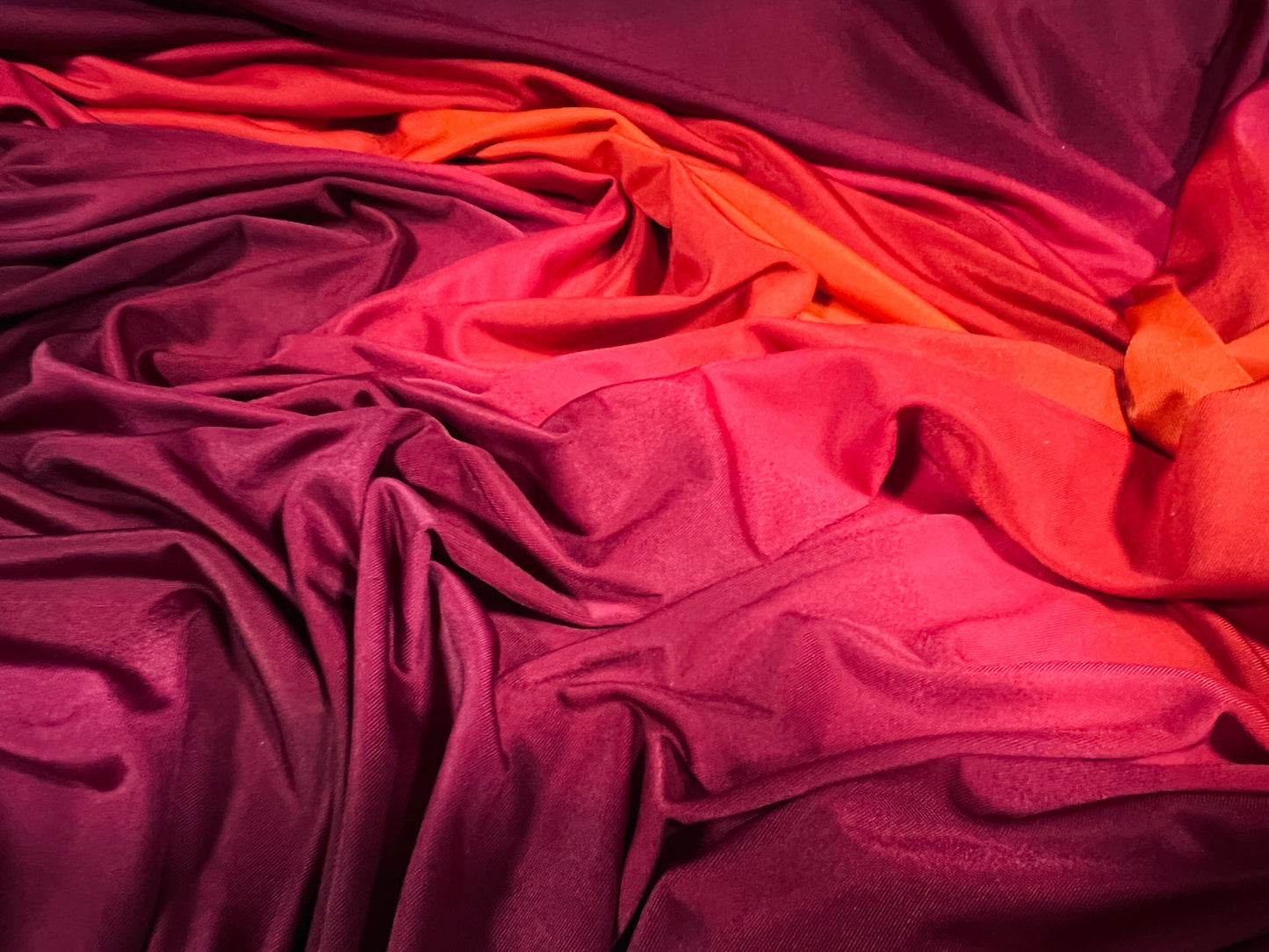 Soft touch stretch spandex single jersey fabric, per metre - magenta sunset ombré stripe print