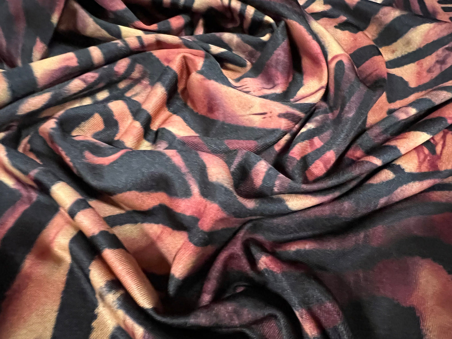 Stretch spandex single jersey fabric, per metre - distressed zebra print - plum & black