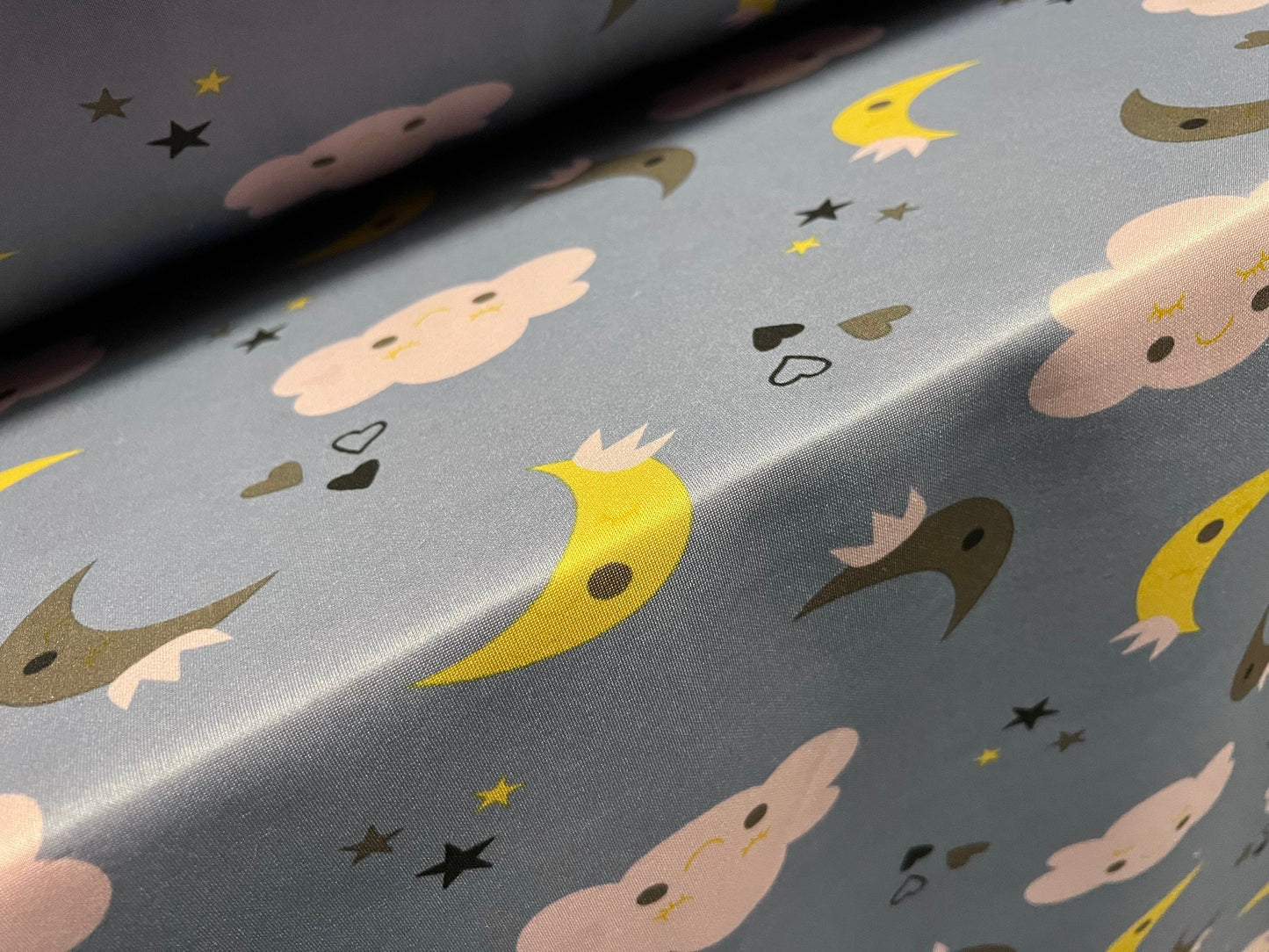 Scuba neoprene style double jersey stretch spandex fabric, per metre - children’s print - clouds sun and moon - blue & nude