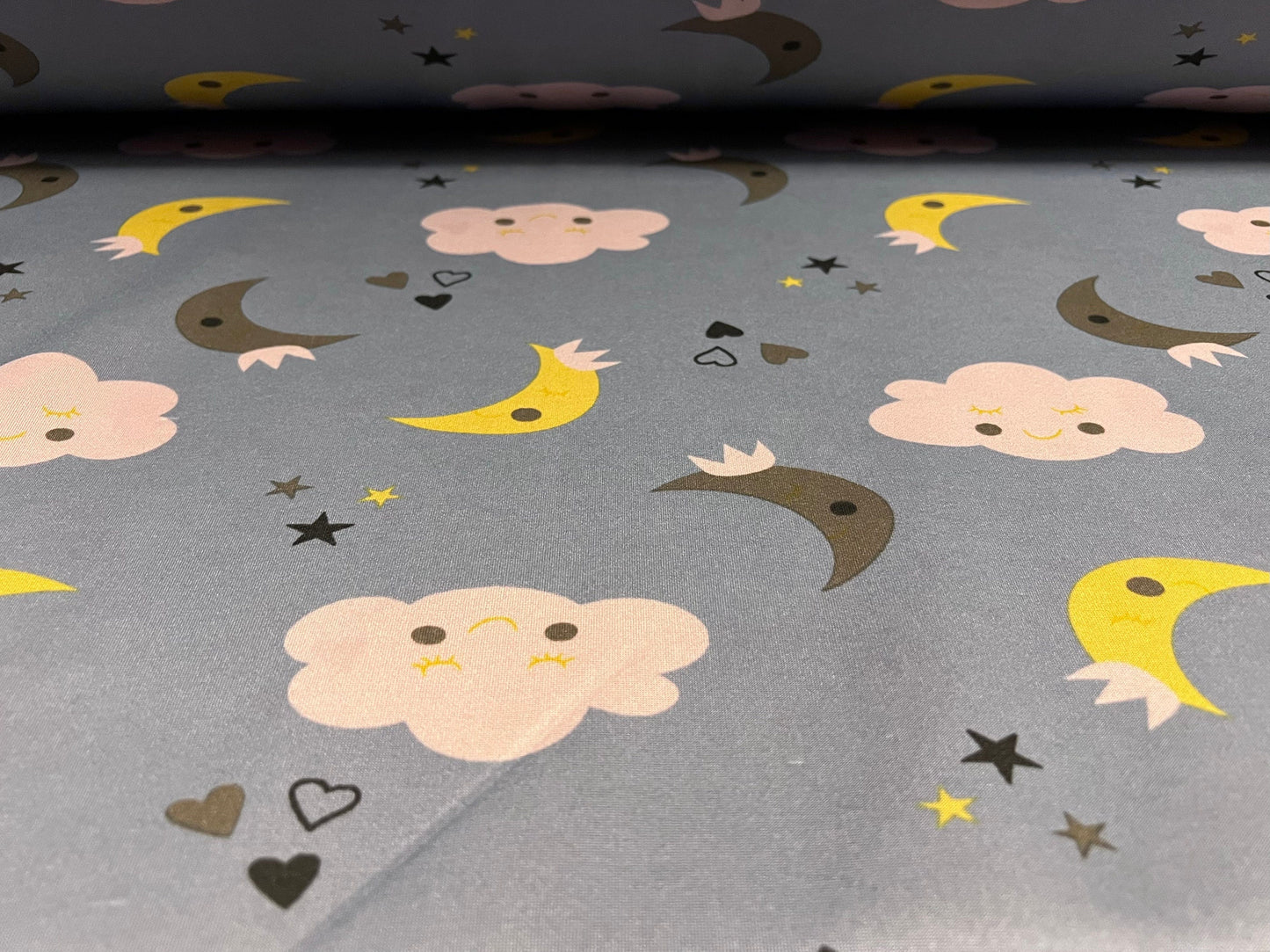 Scuba neoprene style double jersey stretch spandex fabric, per metre - children’s print - clouds sun and moon - blue & nude