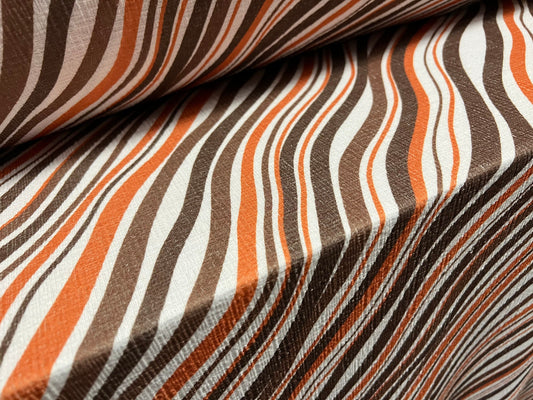 Strawcloth textured double jersey stretch spandex fabric, per metre - wave print - white orange & brown