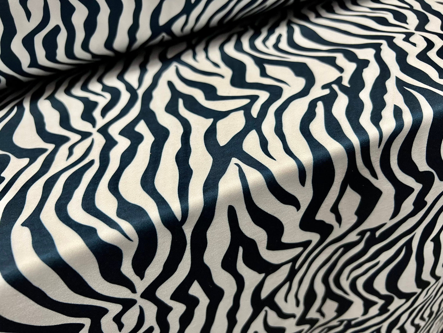 Scuba stretch spandex jersey neoprene style fabric, per metre - zebra print - slate grey & white