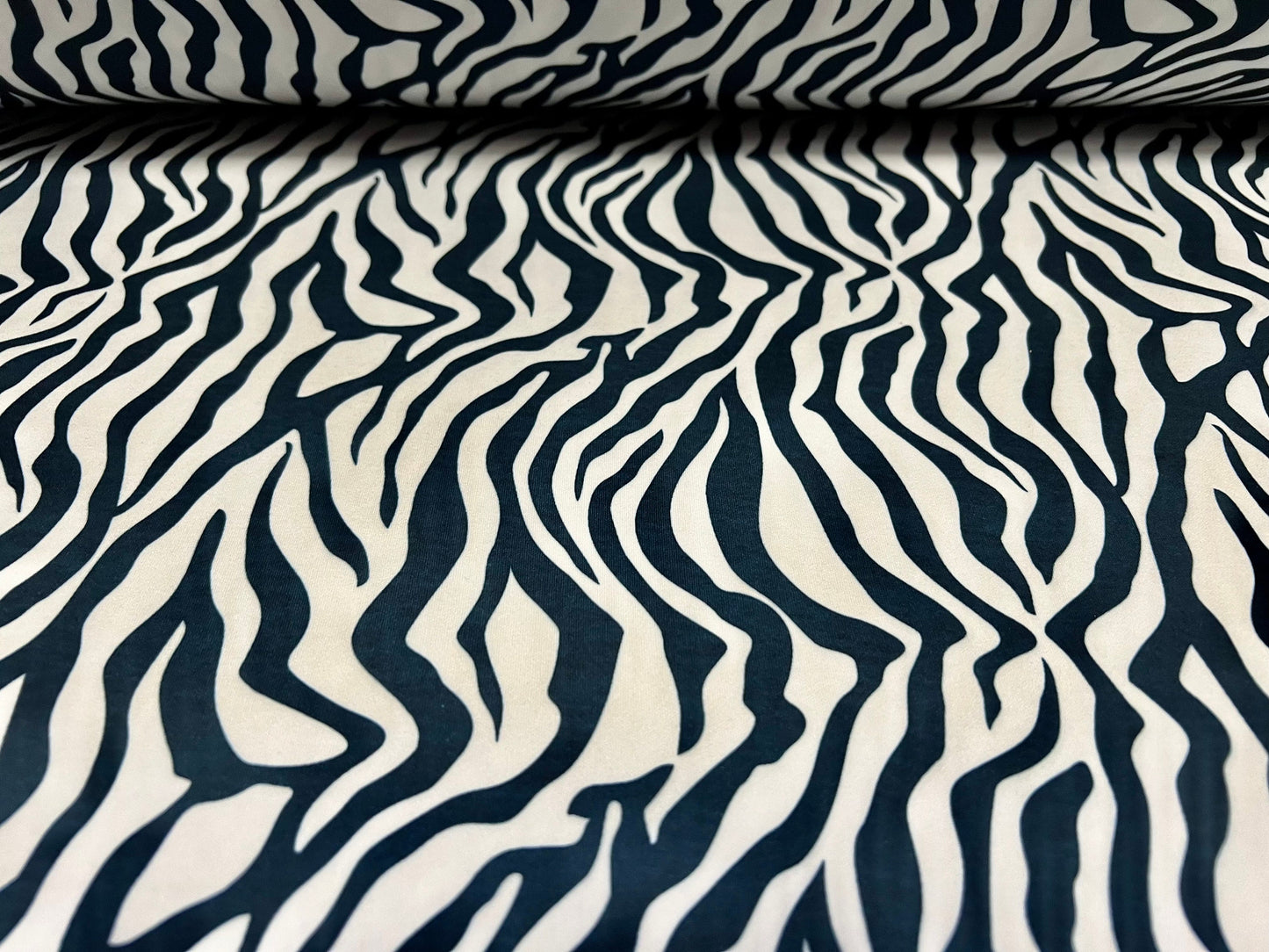 Scuba stretch spandex jersey neoprene style fabric, per metre - zebra print - slate grey & white