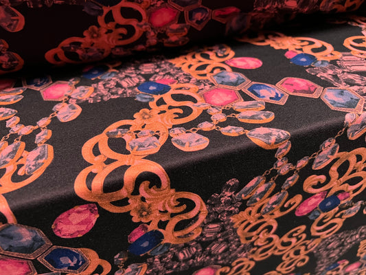 Scuba neoprene style double jersey stretch spandex fabric, per metre - gemstones and jewels print - black & peach