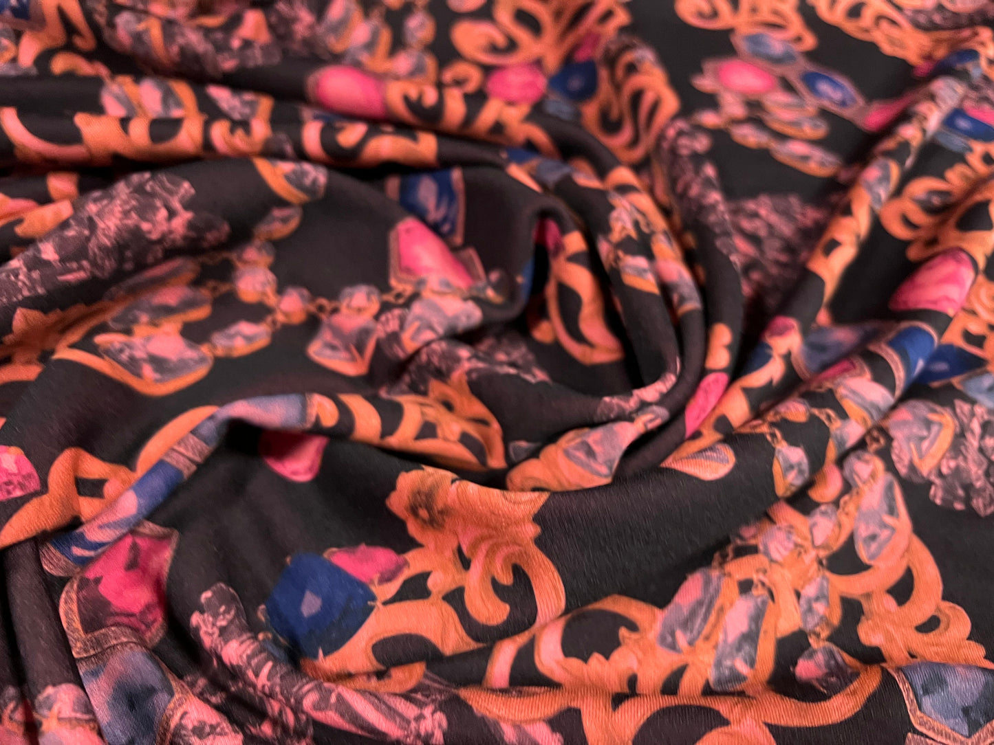 Scuba neoprene style double jersey stretch spandex fabric, per metre - gemstones and jewels print - black & peach