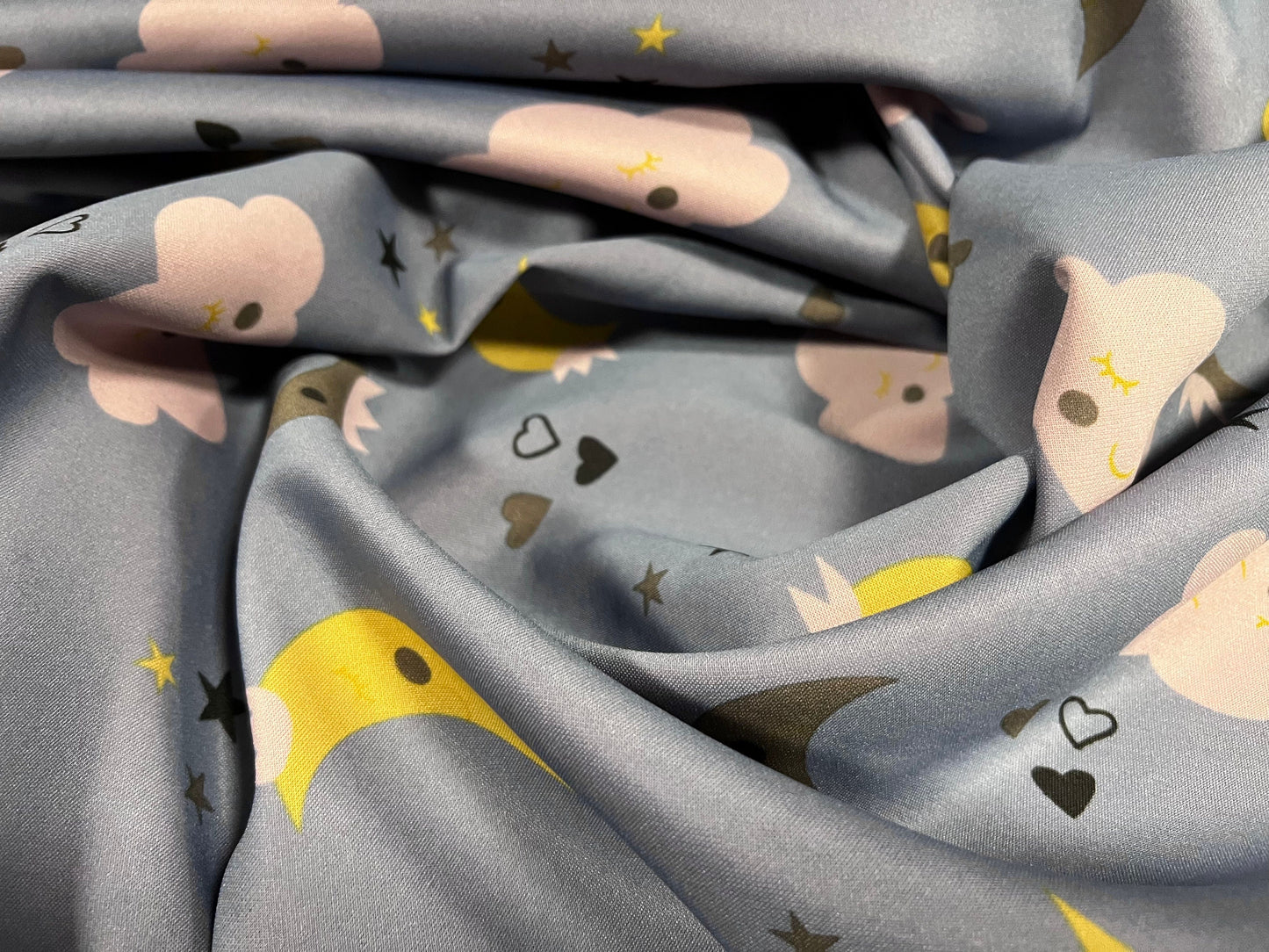 Scuba neoprene style double jersey stretch spandex fabric, per metre - children’s print - clouds sun and moon - blue & nude