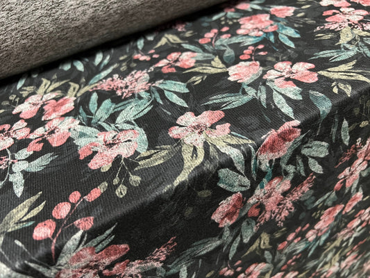 Super soft knitwear jersey fabric, per metre - Flower print - black & pink